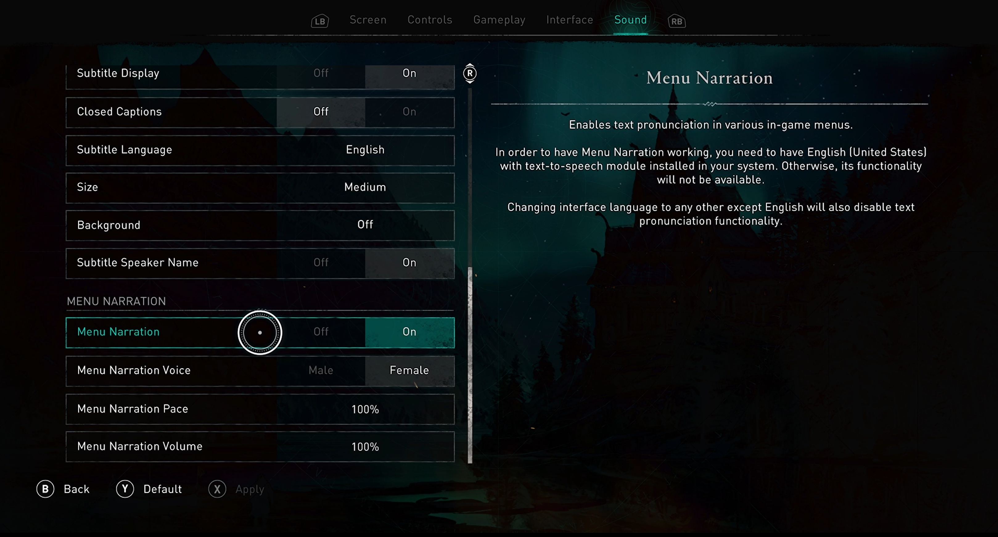 Assassin's Creed Valhalla screen shot of in-game Sound menu. Focus is on Menu Narration Pace setting which is set to 100%.