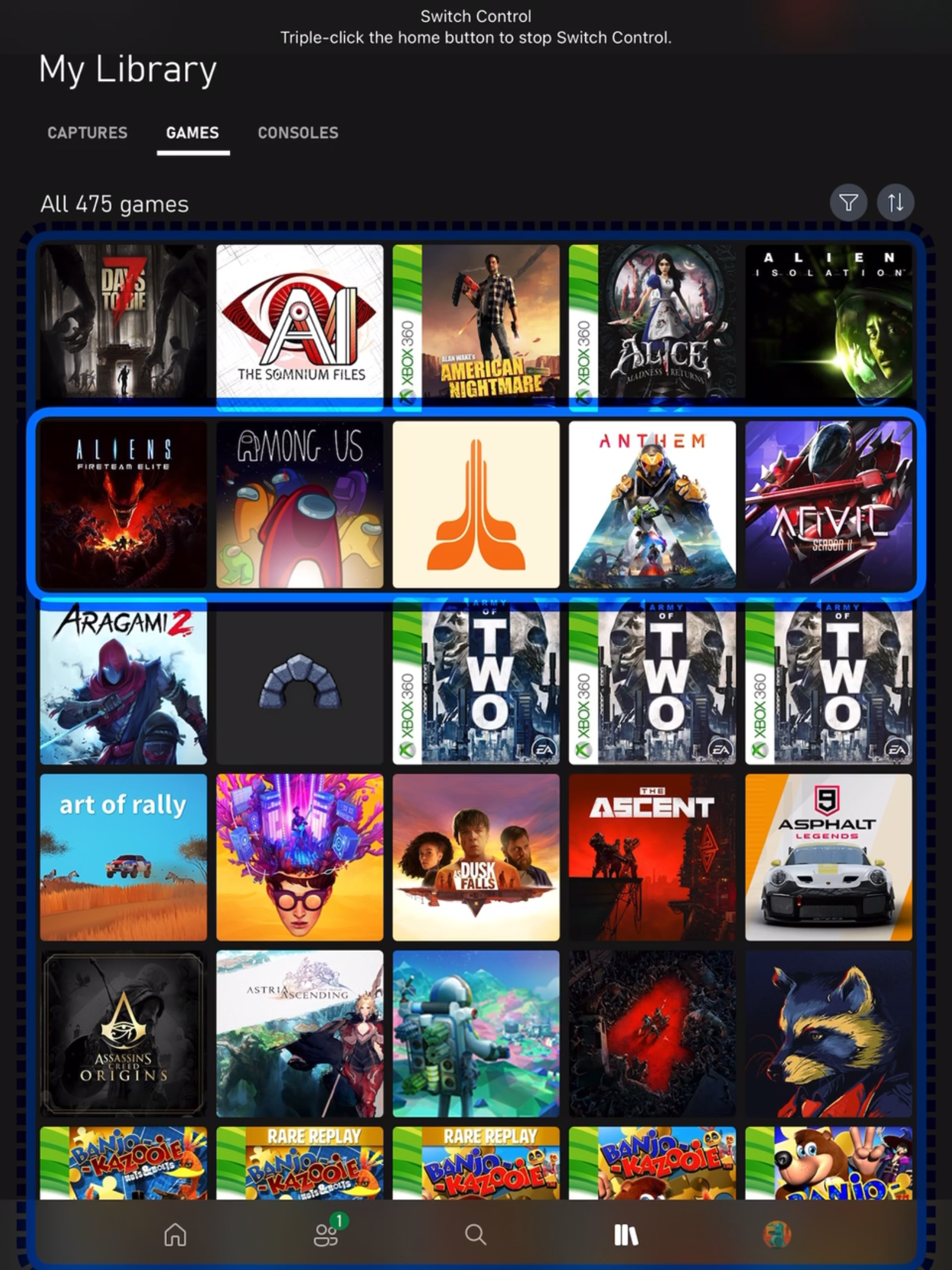 Screen shot of Xbox App’s My Library page on iPad. The entire library is highlighted by a faint blue rectangle and the second row of games is highlighted by a bright blue rectangle.