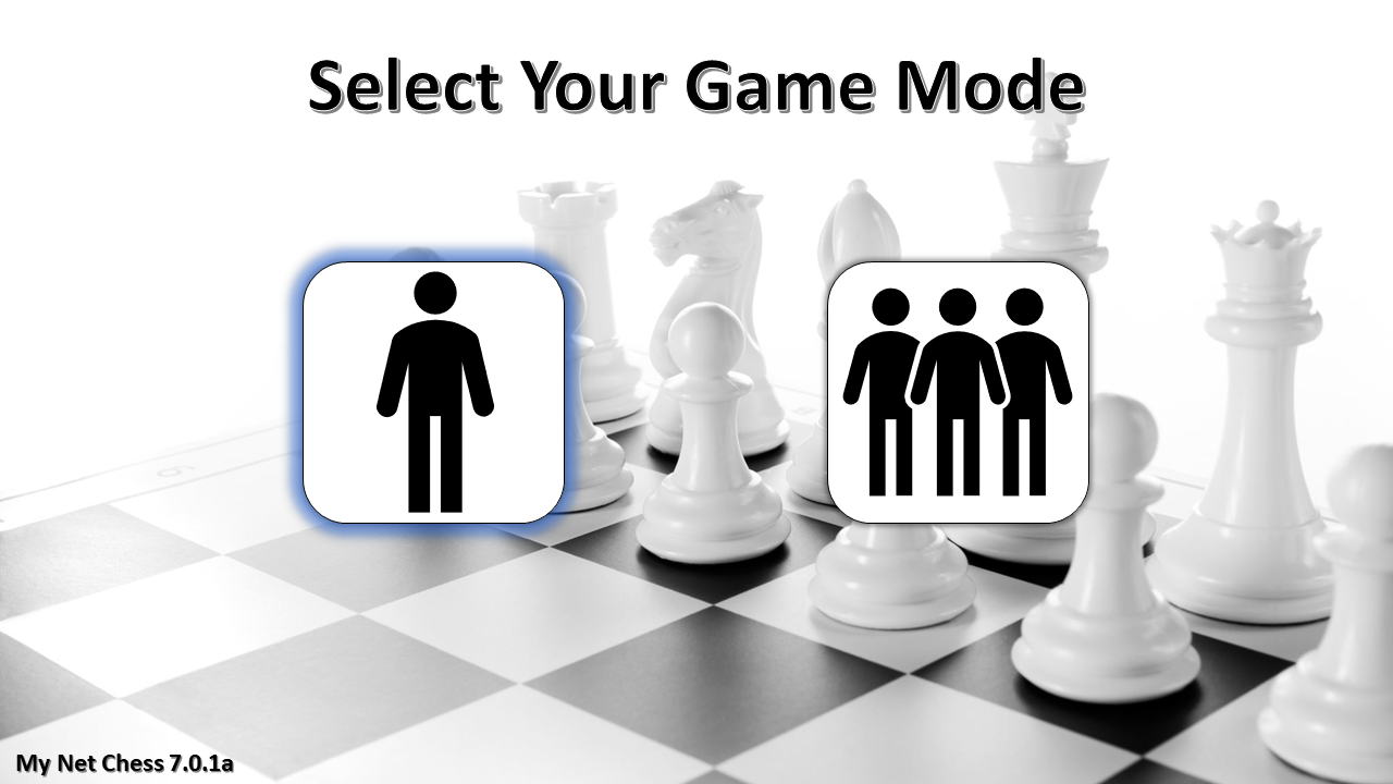 Menu from a fake game called My Net Chess. The top-center text says, "Select Your Game Mode." Underneath this text, there are two large black and white icons. One has a single person; one has three people.