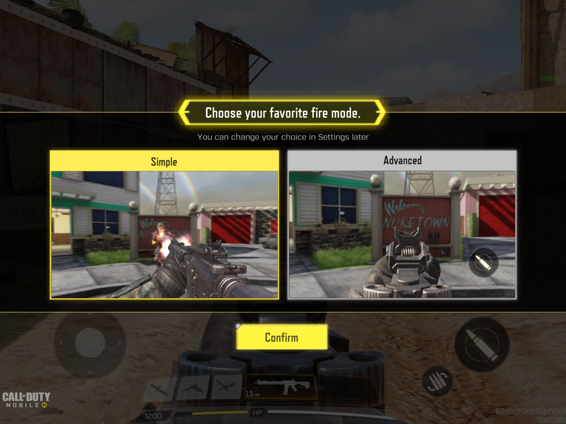 Call of Duty Mobile screen shot of “Choose your favorite fire mode screen” allowing players to choose between simple and advanced. Advanced has an on-screen button shown in the HUD while simple does not.