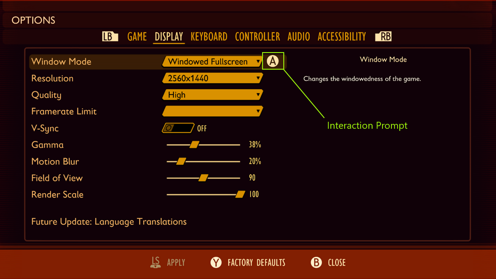 The display settings in Grounded. There's an A symbol next to the menu element that currently has focus.