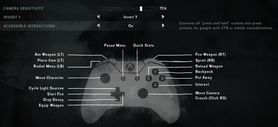 The control settings screen in The Long Dark. The player is focused on the option accessible interactions. The current value is "on".