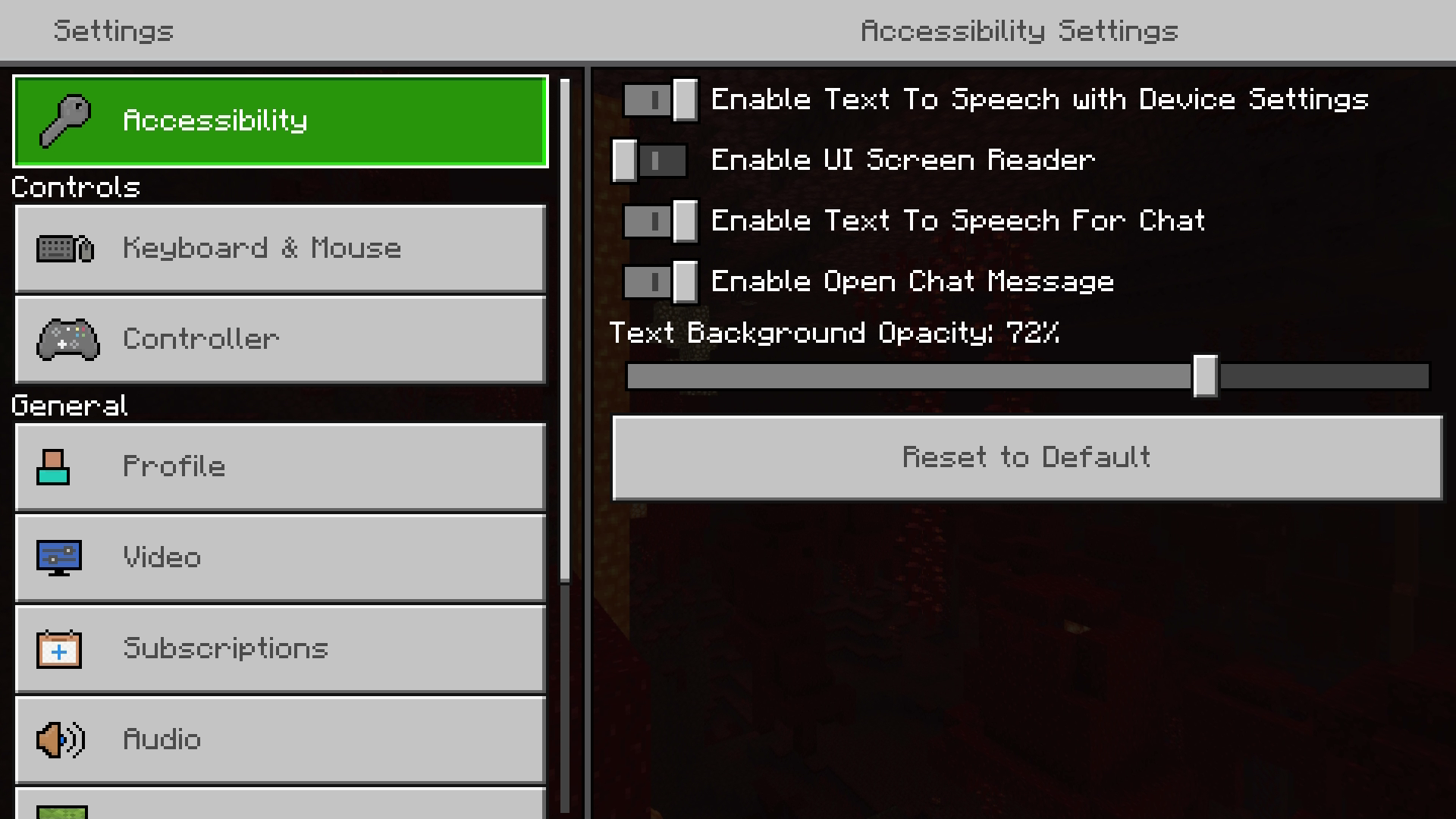 A screenshot of the Minecraft accessibility menu. 