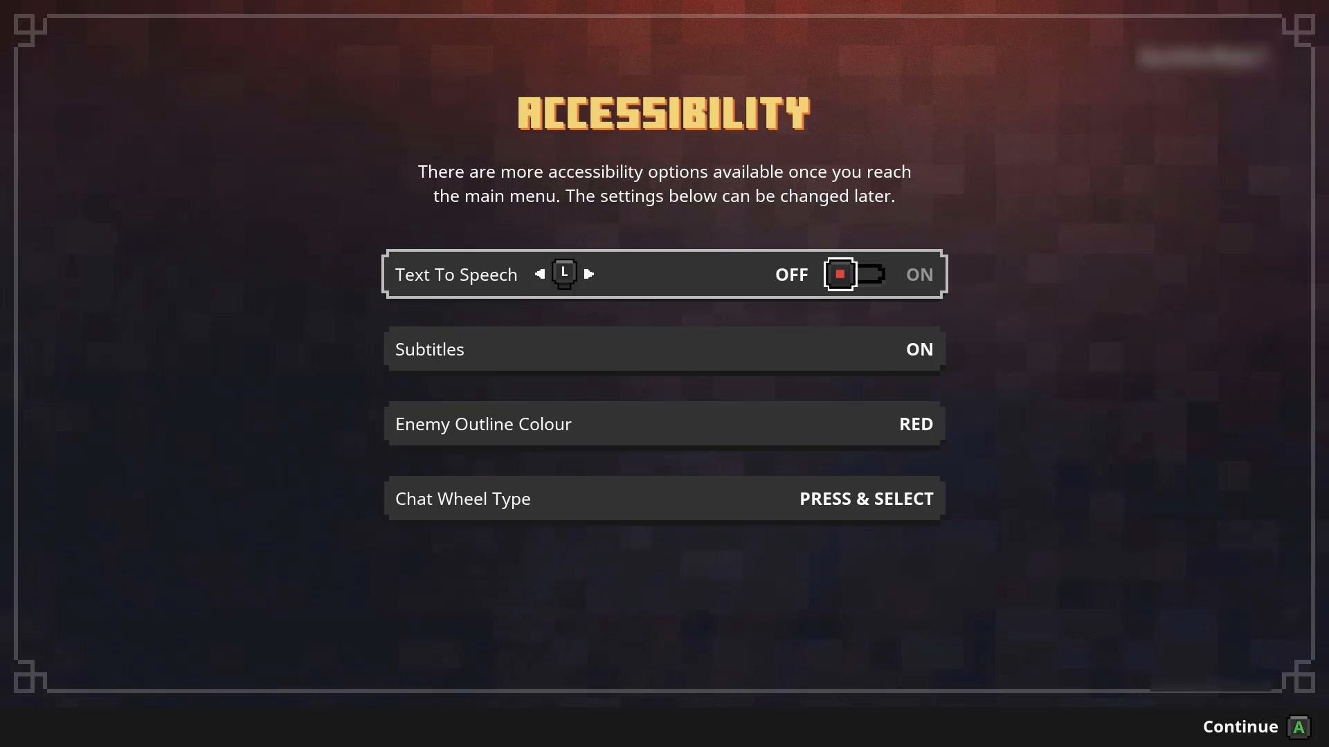 A screenshot of the first-launch accessibility prompt menu in Minecraft Dungeons. The menu provides the ability to toggle Text-to-Speech on or off, toggle subtitles on or off, choose an enemy outline color, and choose a chat wheel type.