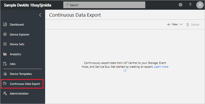 Captura de pantalla que muestra la página de exportación de datos, donde puede configurar las exportaciones de datos a varios destinos.