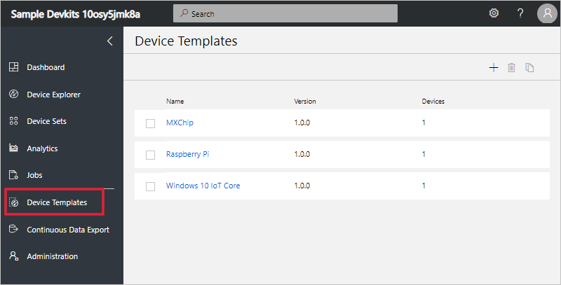 Captura de pantalla de la página Plantilla de dispositivo, donde puede administrar las plantillas de dispositivo.