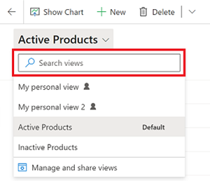 Unha captura de pantalla do selector de vista nunha páxina de grade, que mostra a caixa de busca e as iconas de vista persoal.
