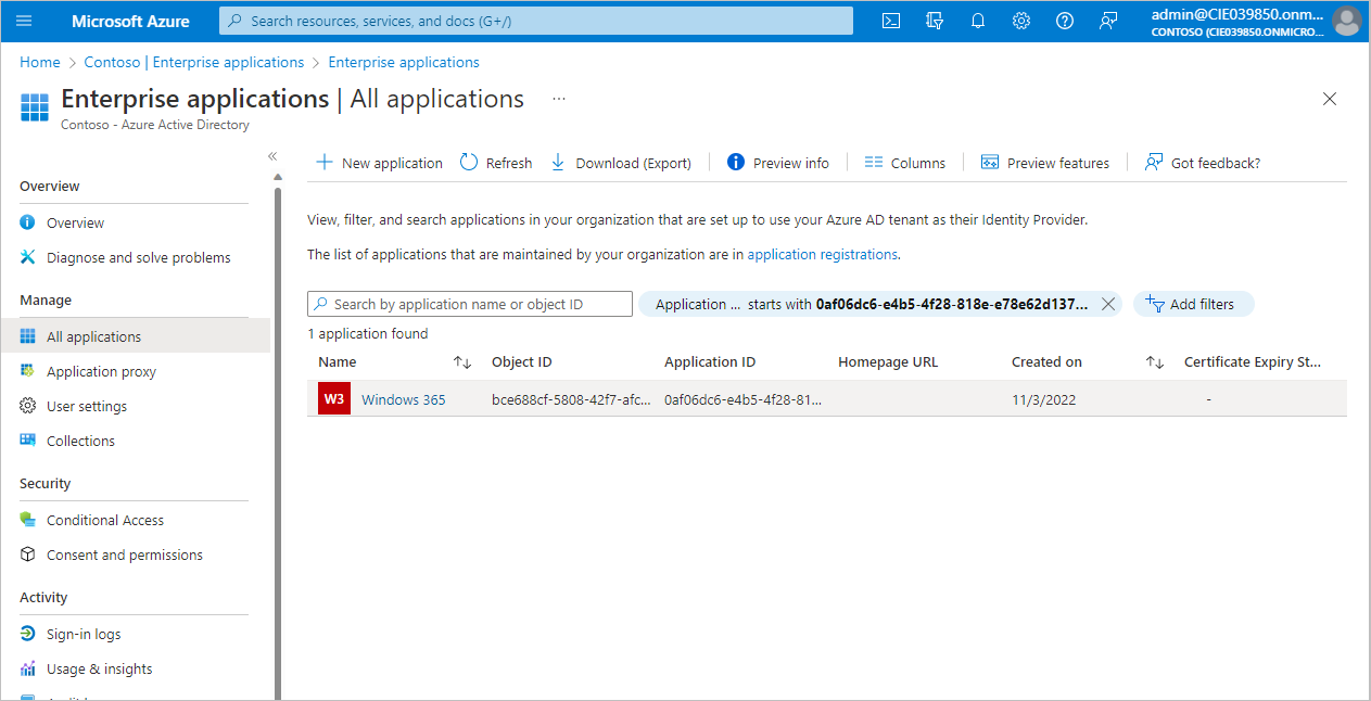 Captura de pantalla das aplicacións Enterprise en Microsoft Entra ID.