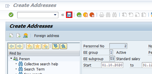 Captura de pantalla da xanela Crear enderezos en SAP Easy Access destacando o botón Gardar.