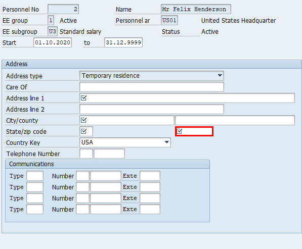 Captura de pantalla da xanela Crear enderezos en SAP Easy Access destacando no campo Código postal na área de Enderezo.