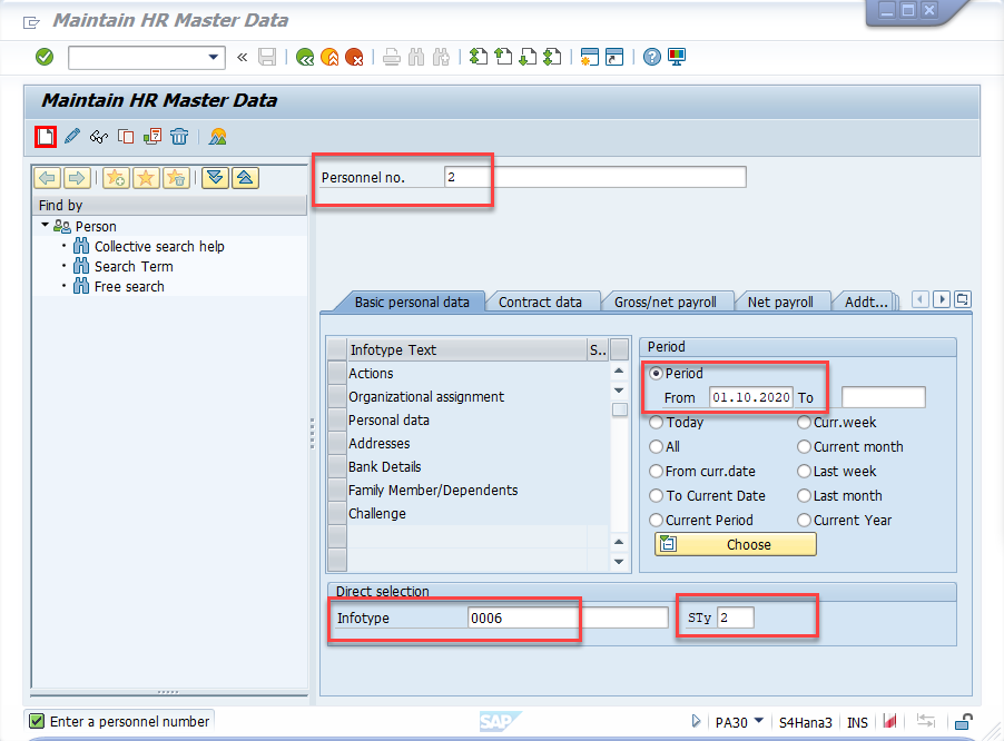 Captura de pantalla da xanela de datos mestres de recursos humanos en SAP Easy Access.