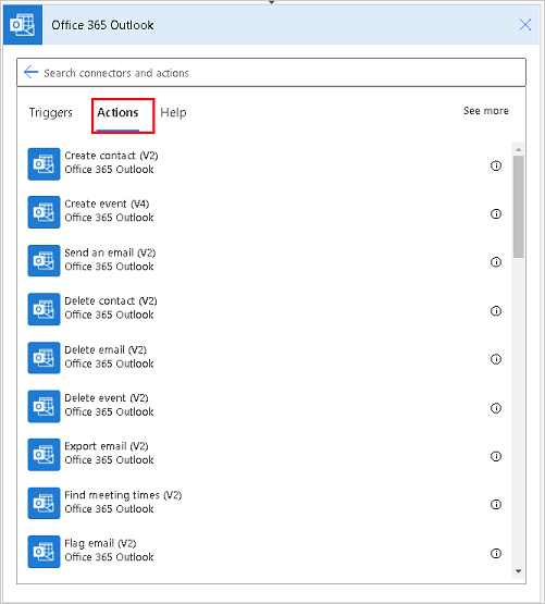 Captura de pantalla dunha lista parcial de Office 365 accións de Outlook.