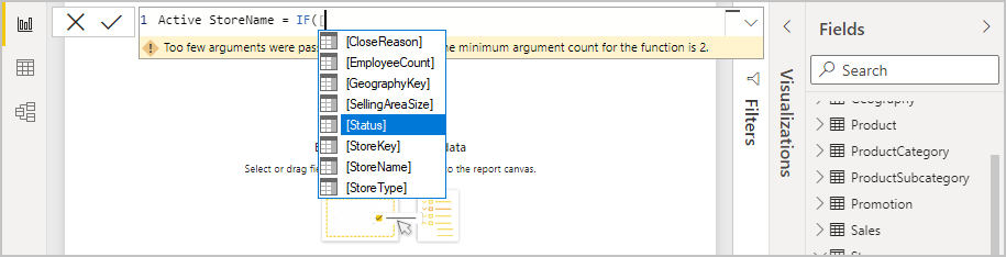 Captura de pantalla del estado seleccionado para la función IF en la barra de fórmulas