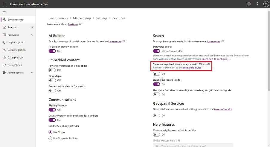 Establece Compartir análises de busca anónimas con Microsoft en Activado.