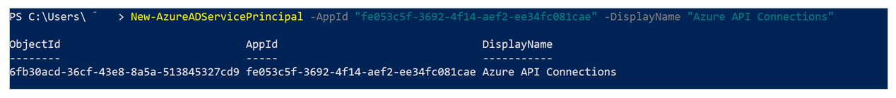 Engadir SPN de conexións de API de Azure ao inquilino