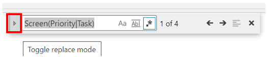 A icona Alternar o modo de substitución na parte esquerda do control Buscar e substituír, antes das áreas de entrada de texto