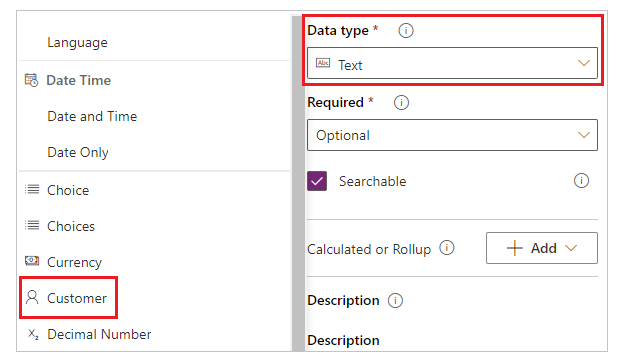 Tipo de datos de cliente da lista de tipos de datos ao crear unha columna.