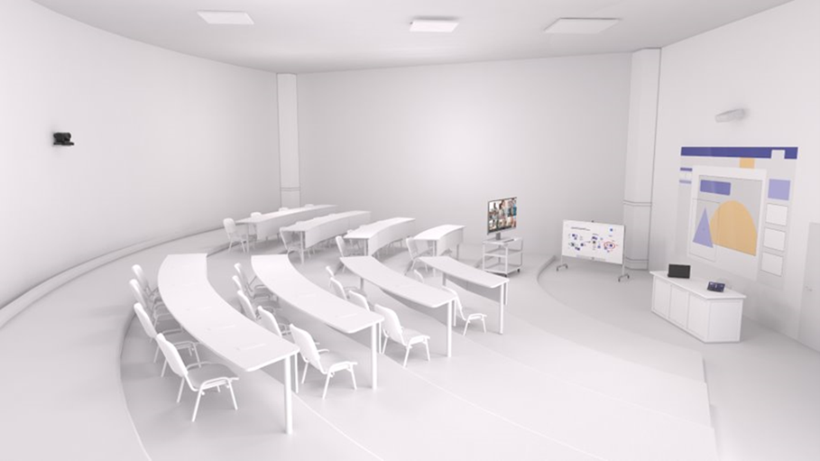 Render of a lecture hall optimized for a Teams meeting experience.