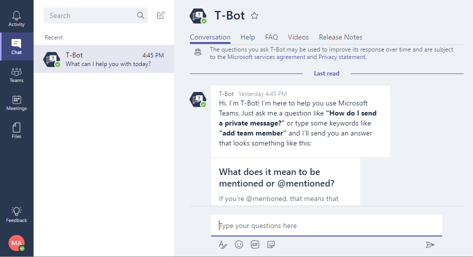 Screenshot of T-Bot section in Teams interface.