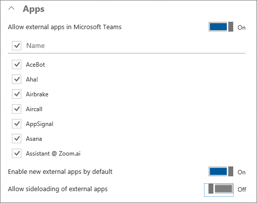 Screenshot of the Allow external apps control in the Apps section.