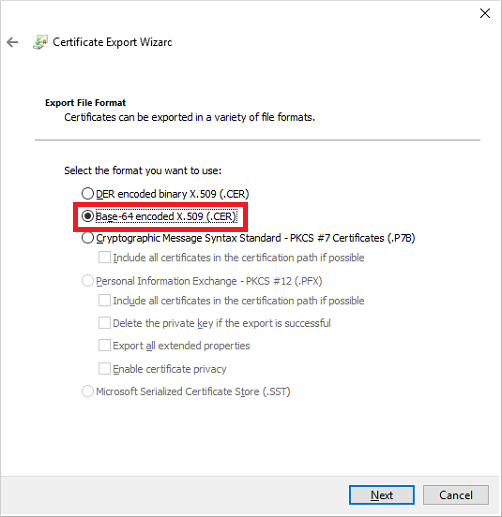 Choose the option to export the certificate in the Base-64 encoded X.509 (.CER) file format