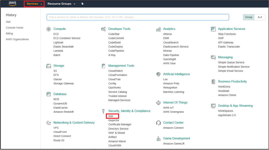 Screenshot of AWS console home, with Services and IAM highlighted