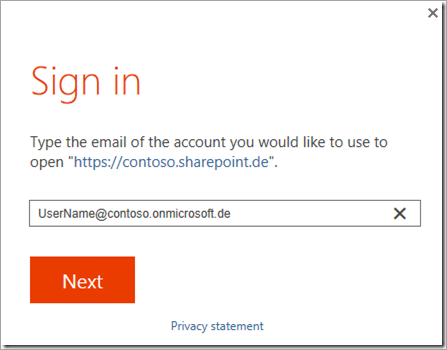 צילום מסך של תיבת הדו-שיח 'כניסה': הקלד את כתובת הדואר האלקטרוני של החשבון שבו ברצונך להשתמש כדי לפתוח https://contoso.sharepoint.de.