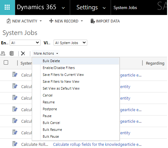 Action commands available for system jobs in the application.
