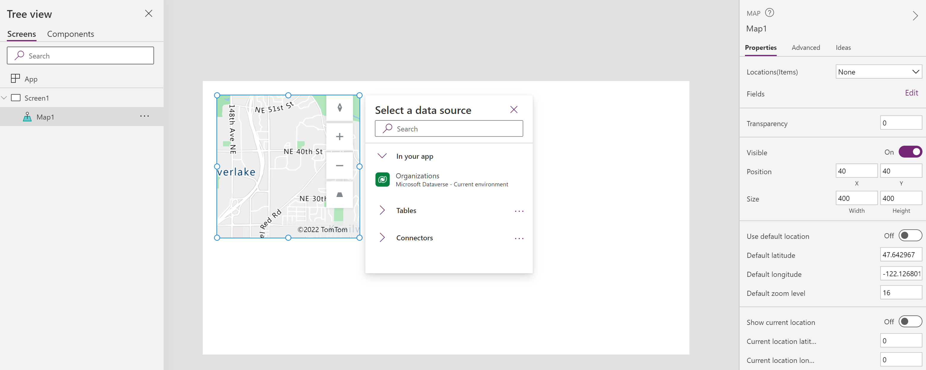 टेबलेट ऐप का स्क्रीनशॉट जिसमें मानचित्र नियंत्रण Microsoft Power Apps Studio में निर्माणाधीन है.