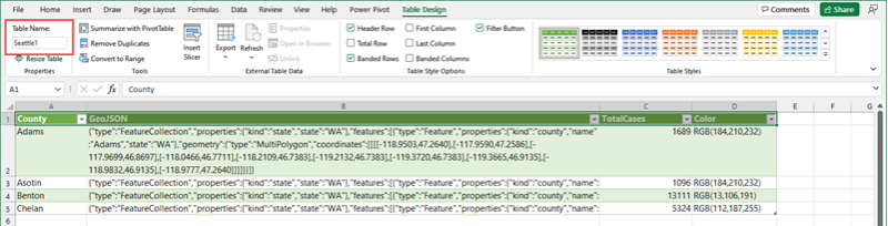 Excel में GeoJSON आकार डेटा वाली तालिका का स्क्रीनशॉट.