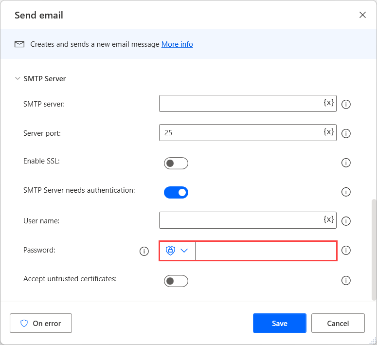 ईमेल भेजें कार्रवाई में पासवर्ड फ़ील्ड का स्क्रीनशॉट।