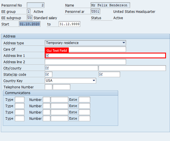 पता क्षेत्र में पता पंक्ति 1 फ़ील्ड पर हाइलाइट के साथ SAP ईज़ी एक्सेस में पते बनाएं विंडो का स्क्रीनशॉट।