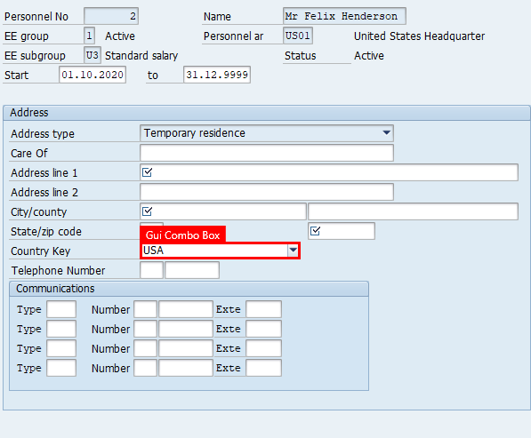 पता क्षेत्र में देश कुंजी फ़ील्ड पर हाइलाइट के साथ SAP ईज़ी एक्सेस में पते बनाएं विंडो का स्क्रीनशॉट।