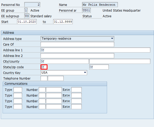पता क्षेत्र में राज्य फ़ील्ड पर हाइलाइट के साथ SAP ईज़ी एक्सेस में पते बनाएं विंडो का स्क्रीनशॉट।