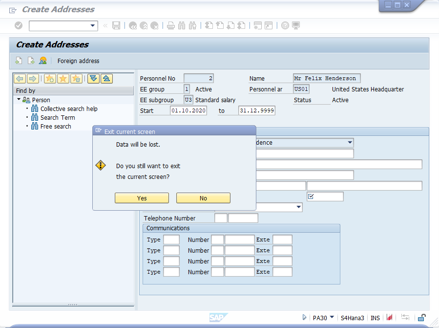 SAP ईज़ी एक्सेस में क्रिएट एड्रेस विंडो में डेटा खो जाने वाले संदेश बॉक्स का स्क्रीनशॉट।
