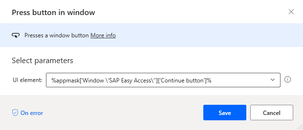 विंडो डायलॉग में प्रेस बटन का स्क्रीनशॉट जिसमें जारी रखें बटन चयनित है और सेव हाइलाइट किया गया है।