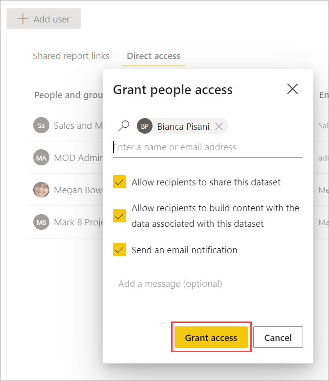 Screenshot that shows where to add the email addresses and to grant access privileges.