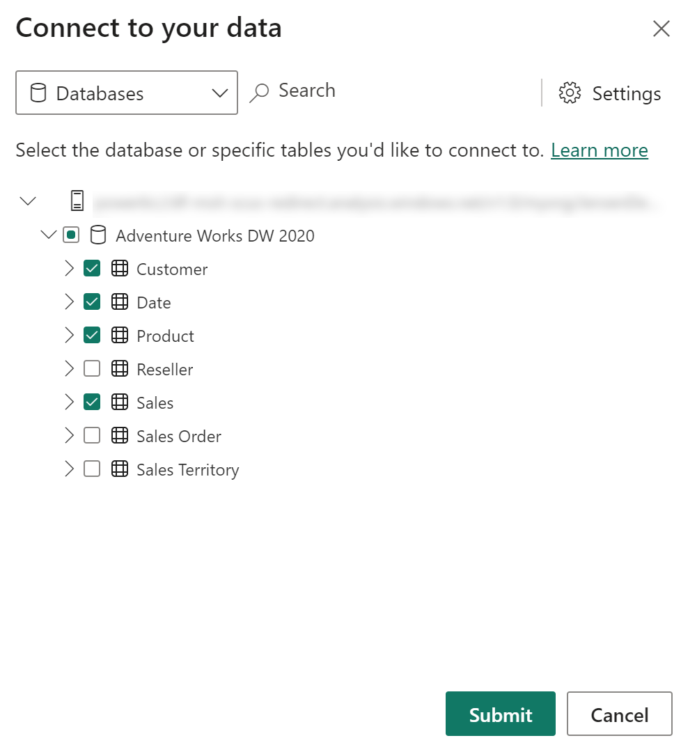 Dialog that allows specifying what tables to load from a Power BI semantic model or Analysis Services model.