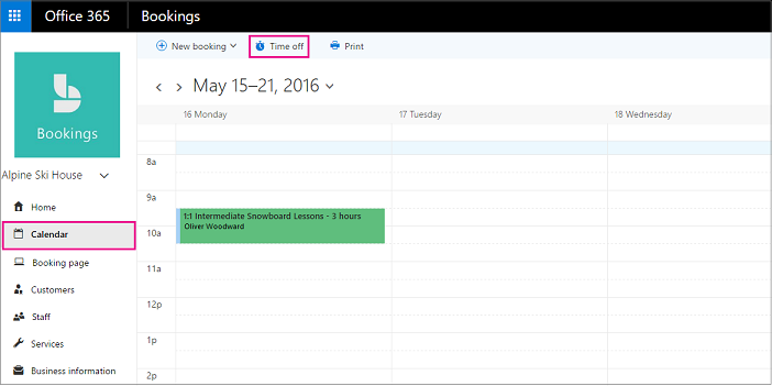 Image of Bookings calendar view and time off button.