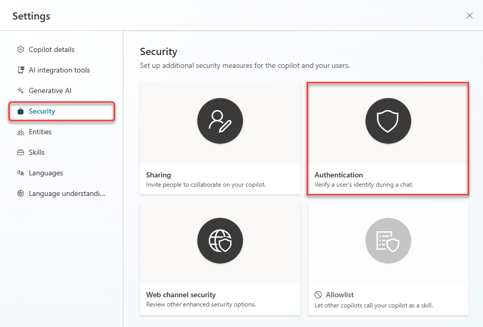 Screenshot of the Security page under the Settings menu, highlighting the Authentication card.