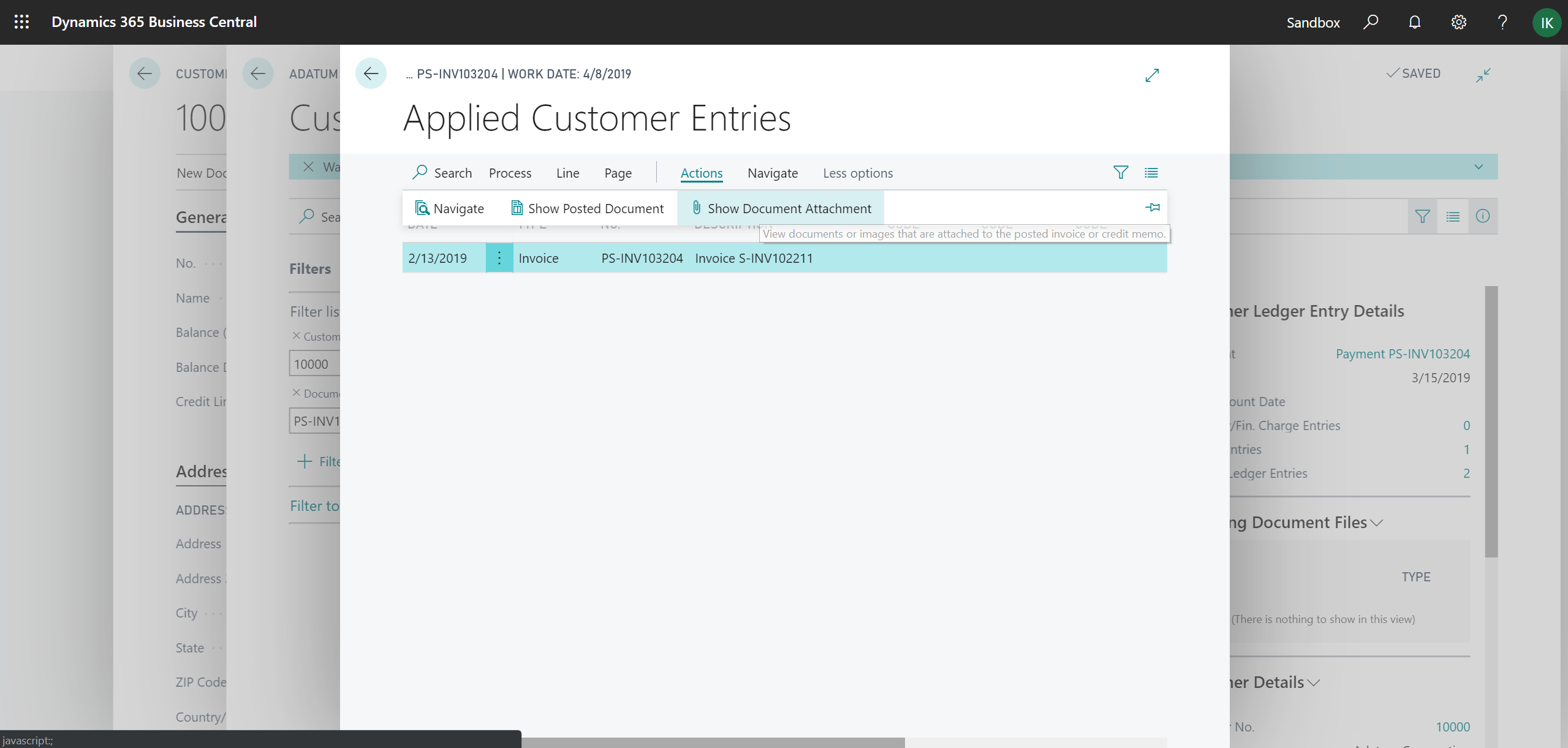 Showing document attachments action on applied entries page