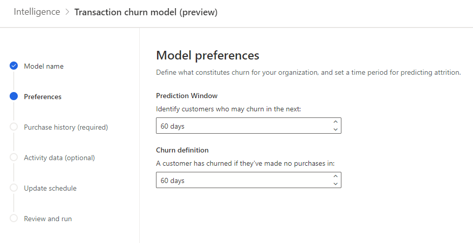 Odaberite preference modela predviđanje Window i Churn Definition.