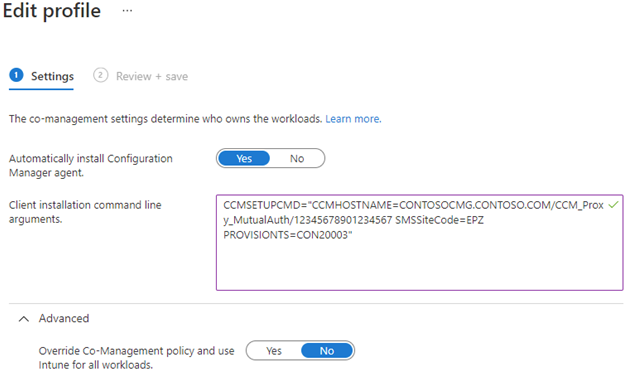 Co-management settings in Microsoft Intune.
