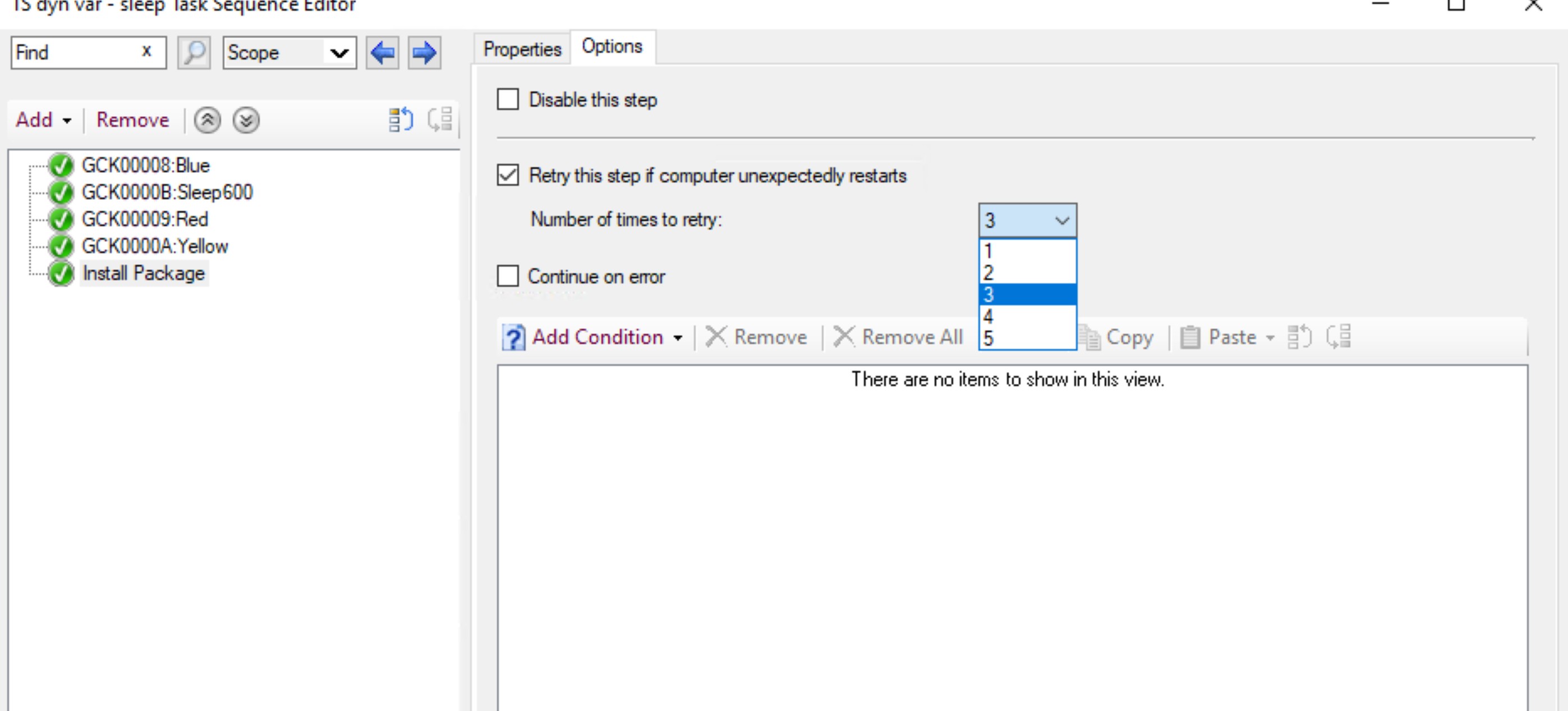 Screenshot of changes in dynamic variable in task sequence in CM console.