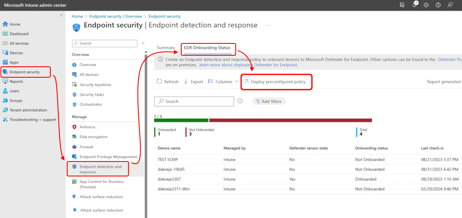 Screen shot of the admin center that shows where to find the Deploy preconfigured policy option.