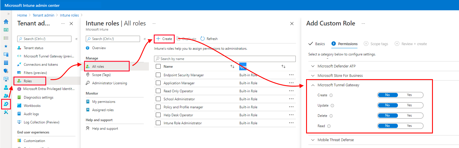 Screen shot of the tunnel gateway permissions in the Microsoft Intune admin center.