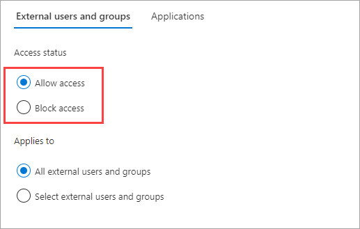 Képernyőkép a B2B-együttműködés felhasználói hozzáférési állapotának kiválasztásáról.