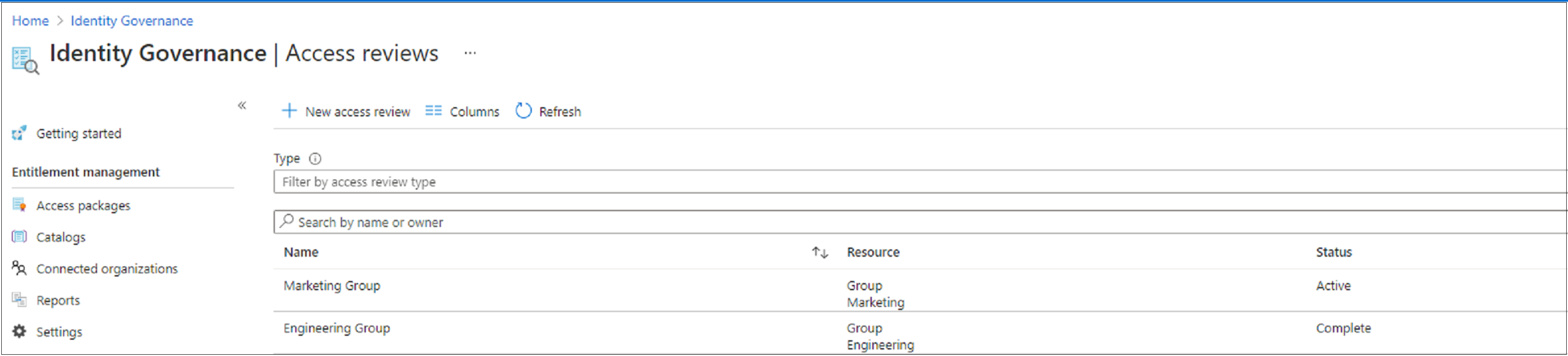 Képernyőkép a hozzáférési felülvizsgálatok listájáról és állapotukról.