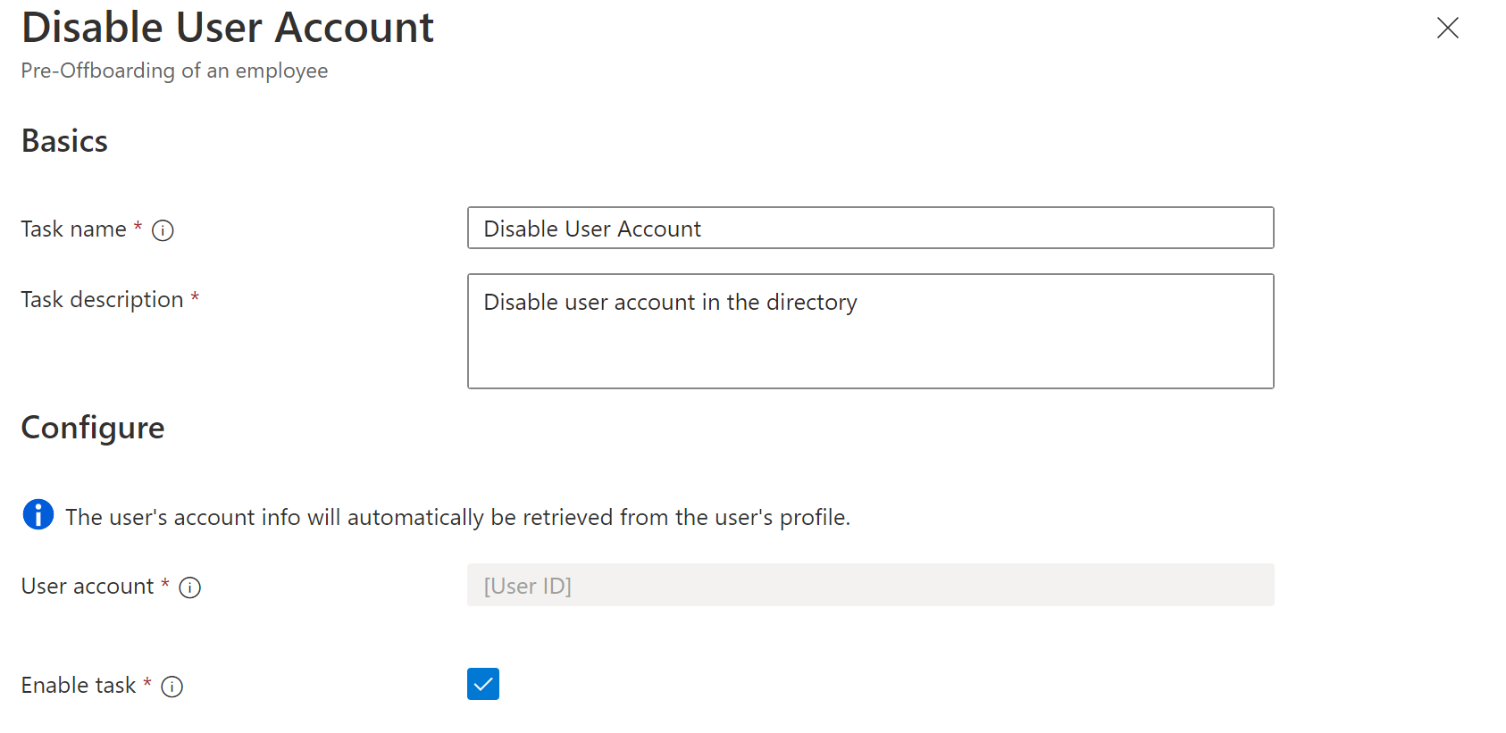 Képernyőkép a Munkafolyamatok feladatról: felhasználói fiók letiltása.