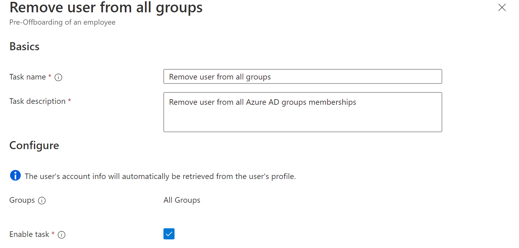 Képernyőkép a Munkafolyamatok feladatról: felhasználó eltávolítása az összes csoportból.